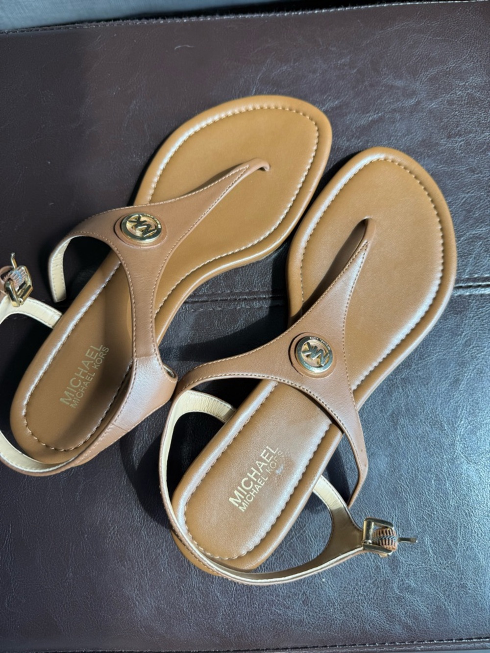MICHAEL Michael Kors Cognac Leather Thong Sandals with Gold Logo